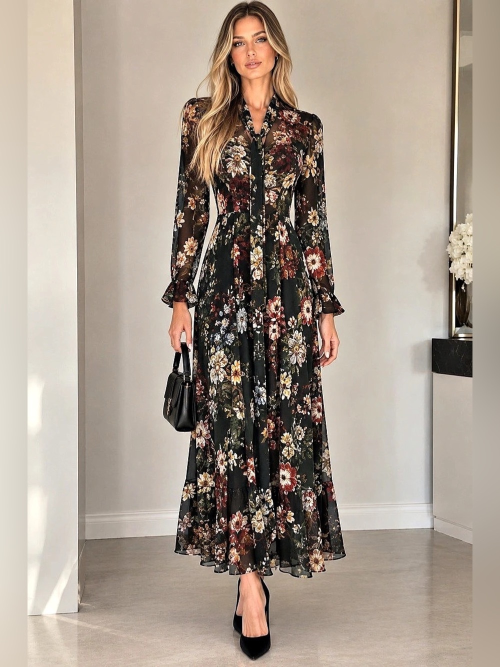 Zara Woman Floral Chiffon Maxi Dress Tie Neck Long Sleeve Multicolor